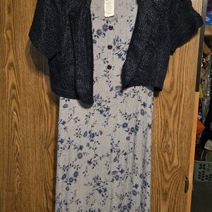 Floral Blue and Black Dress with Cardigan